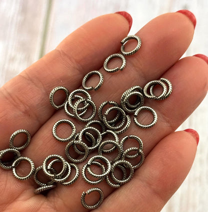 7mm 16 Gauge Textured Round Jump Rings, Antiqued Pewter Plated - P017-JR