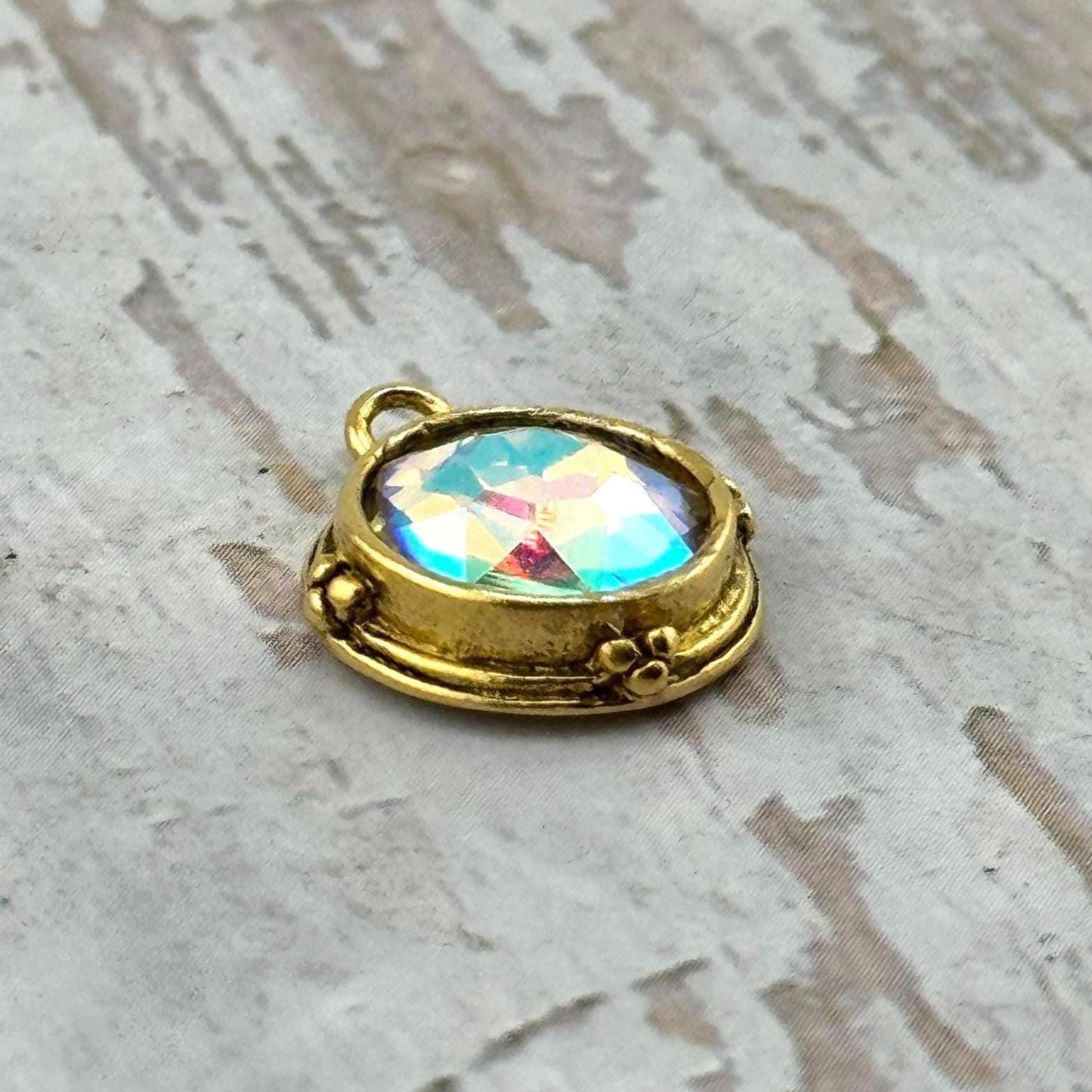 Iridescent AB Crystal Round Bezel Charm, Antiqued 18k Gold Plated - AG541
