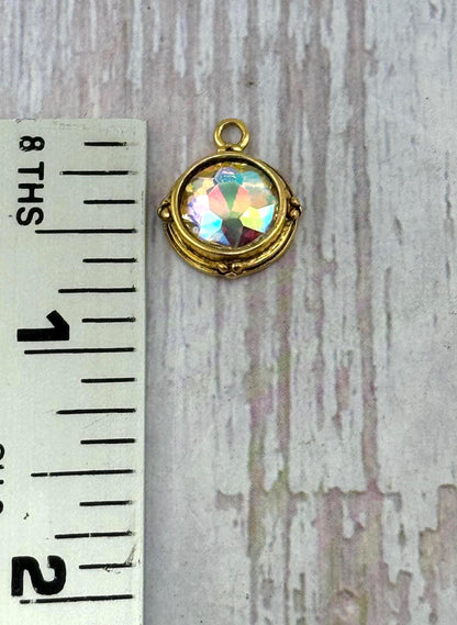Iridescent AB Crystal Round Bezel Charm, Antiqued 18k Gold Plated - AG541