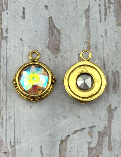 Iridescent AB Crystal Round Bezel Charm, Antiqued 18k Gold Plated - AG541
