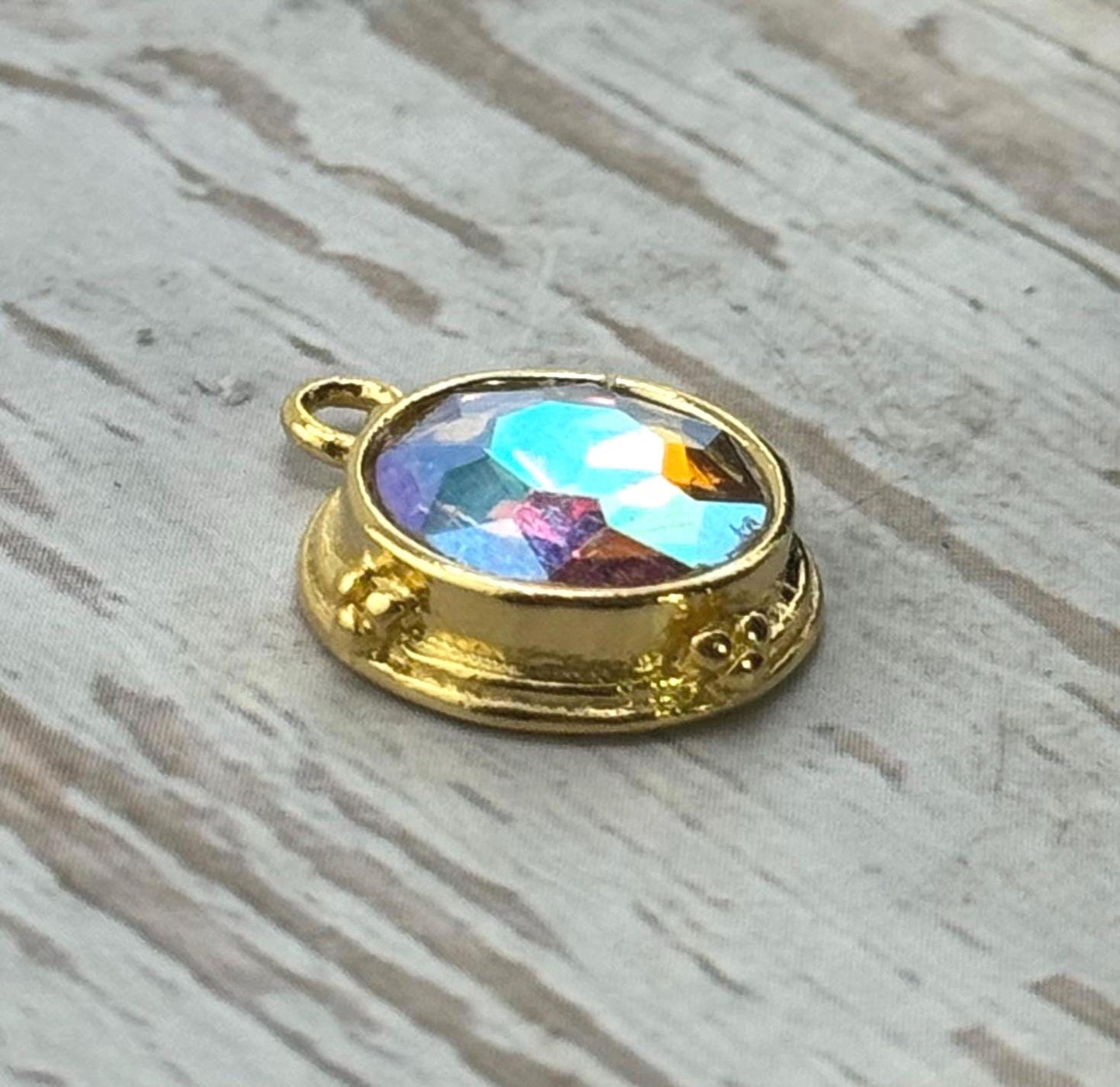 AB Crystal Round Bezel Charm, Satin 18k Gold Plated - ST542