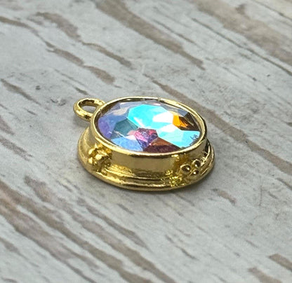 AB Crystal Round Bezel Charm, Satin 18k Gold Plated - ST542