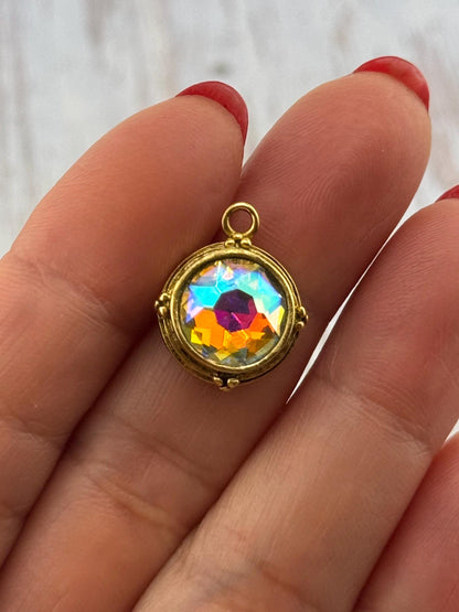 Iridescent AB Crystal Round Bezel Charm, Antiqued 18k Gold Plated - AG541