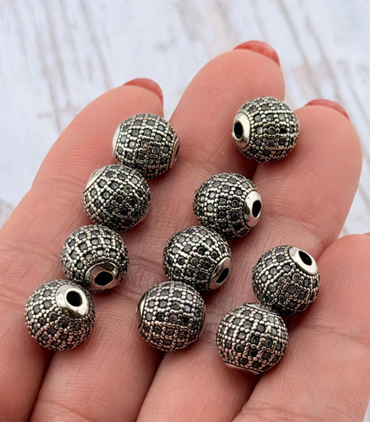 Perle ronde 10mm micro-pavée en oxyde de zirconium, plaqué étain vieilli - PT546