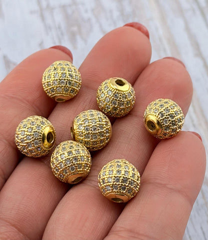 Perle micro-pavé 10mm en oxyde de zirconium, plaqué or 18k satiné - ST545