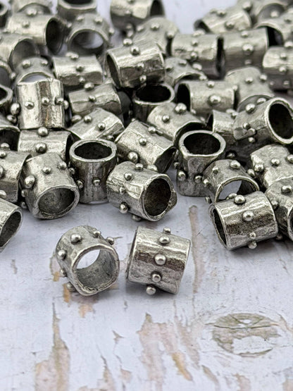 Dotted Barrel Spacer Metal Beads, Antiqued Pewter - PT530