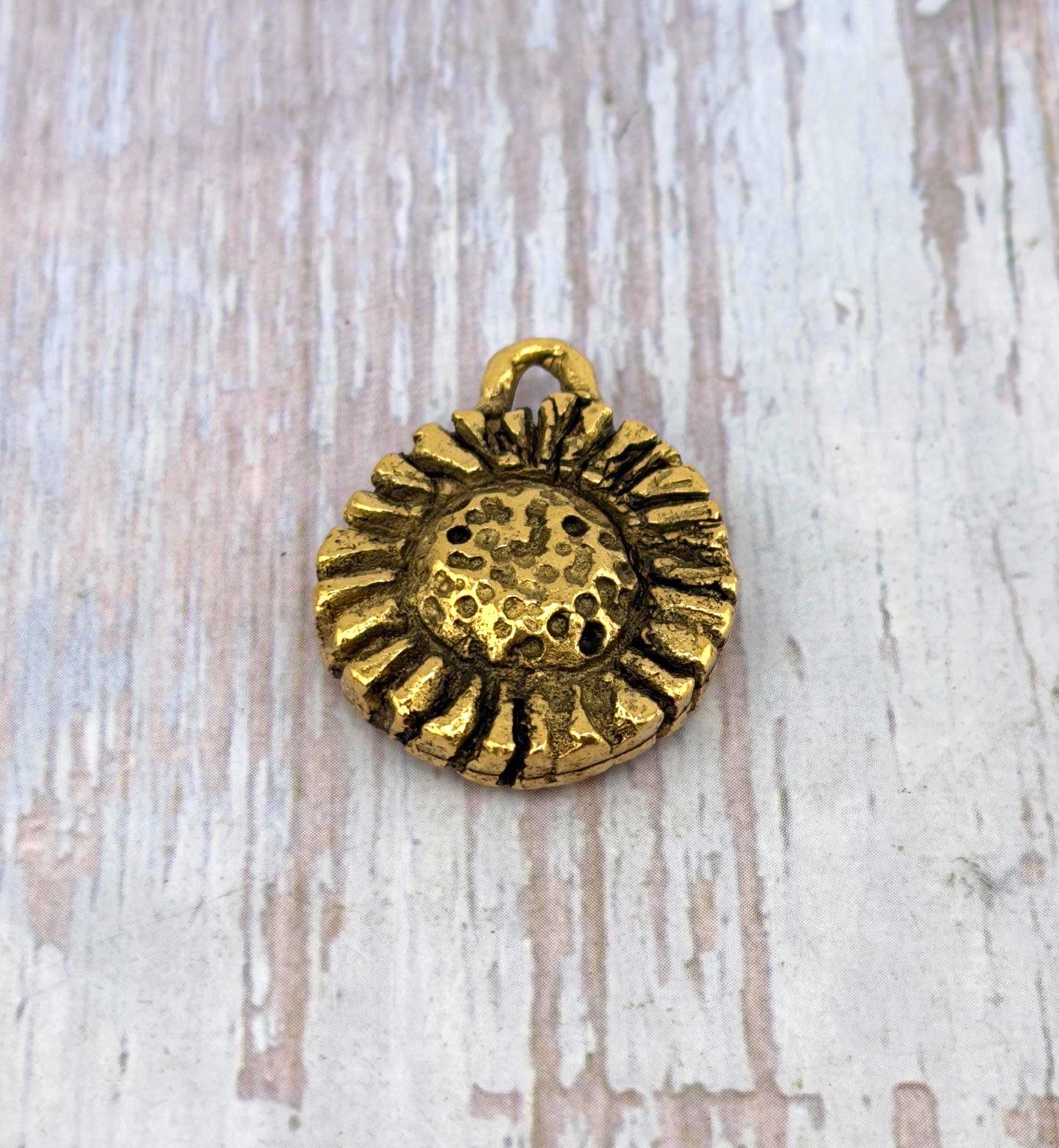 Rustic Sunflower Charm, Antiqued 18k Gold Plated - AG106