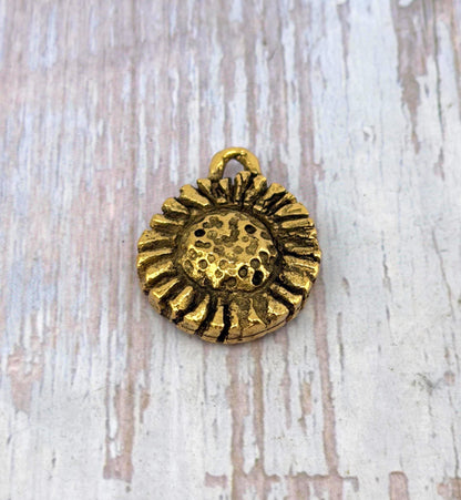 Rustic Sunflower Charm, Antiqued 18k Gold Plated - AG106