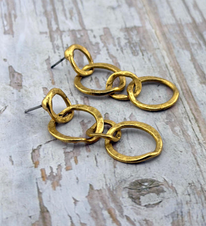 Boucles d'oreilles pendantes à anneaux entrelacés (lot de 2), plaqué or 18 carats vieilli - AG588