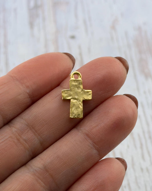 Tiny Distressed Cross Charm, Satin 18k Gold Plated - ST328