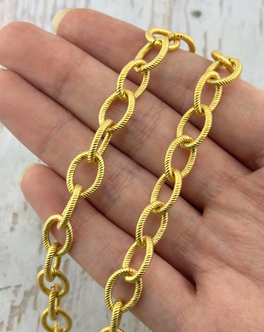 Large Etched Oval Cable Chain, Satin 18k Gold Plated - S062-CH