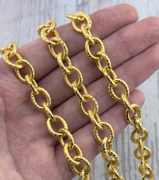 Textured Oval Cable Chain, Satin 18k Gold Plated - S077-CH