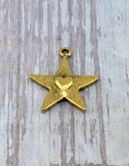 Small Nestled Heart Star Charm, Antiqued 18k Gold Plated - AG010