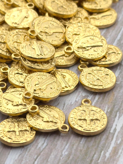Double-sided Saint Benedict Protection Medal, Satin 18k Gold Plated - ST193