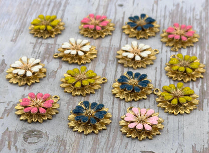 3D Yellow Enamel Flower Charm, Satin 18k Gold Plated Findings - ST582