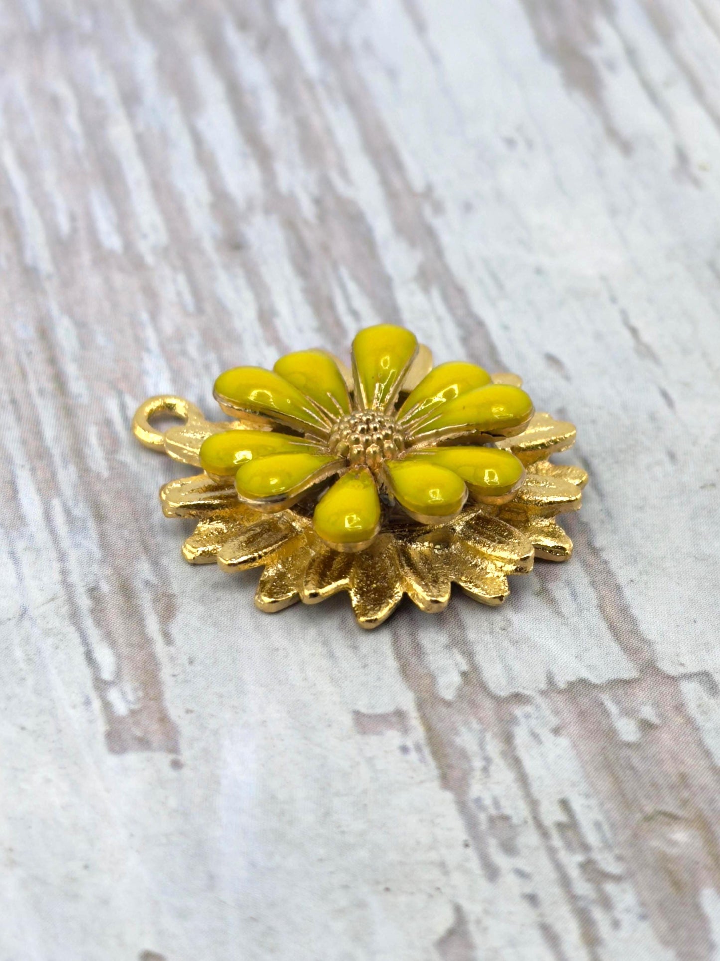3D Yellow Enamel Flower Charm, Satin 18k Gold Plated Findings - ST582