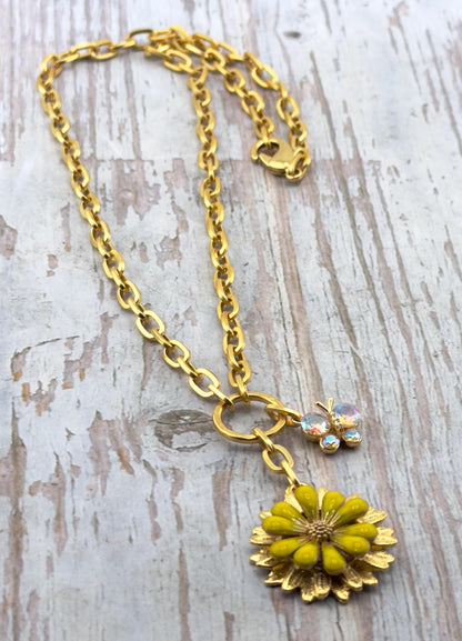 3D Yellow Enamel Flower Charm, Satin 18k Gold Plated Findings - ST582