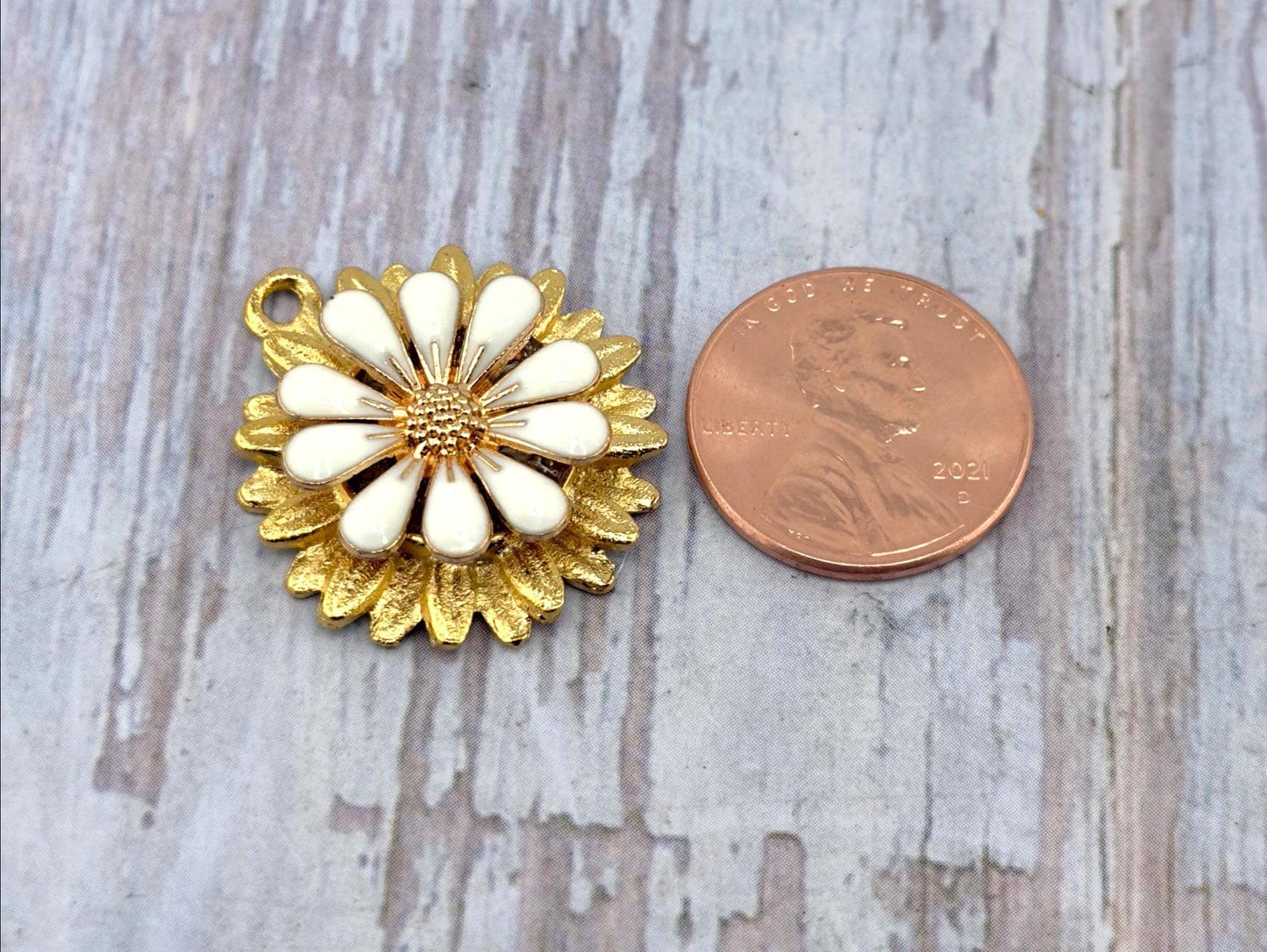 White Enamel Flower Charm, Satin Gold Plated - ST577