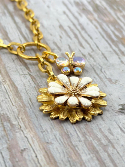 White Enamel Flower Charm, Satin Gold Plated - ST577