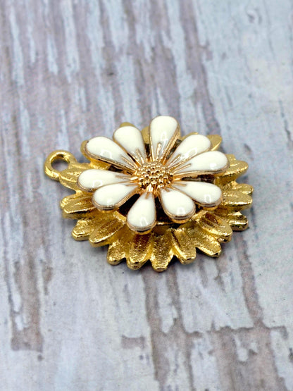 White Enamel Flower Charm, Satin Gold Plated - ST577