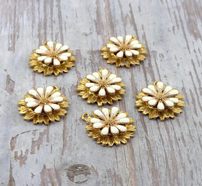 White Enamel Flower Charm, Satin Gold Plated - ST577