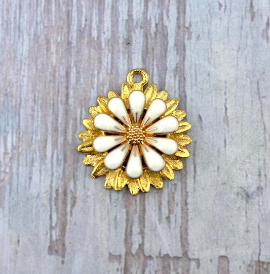 White Enamel Flower Charm, Satin Gold Plated - ST577