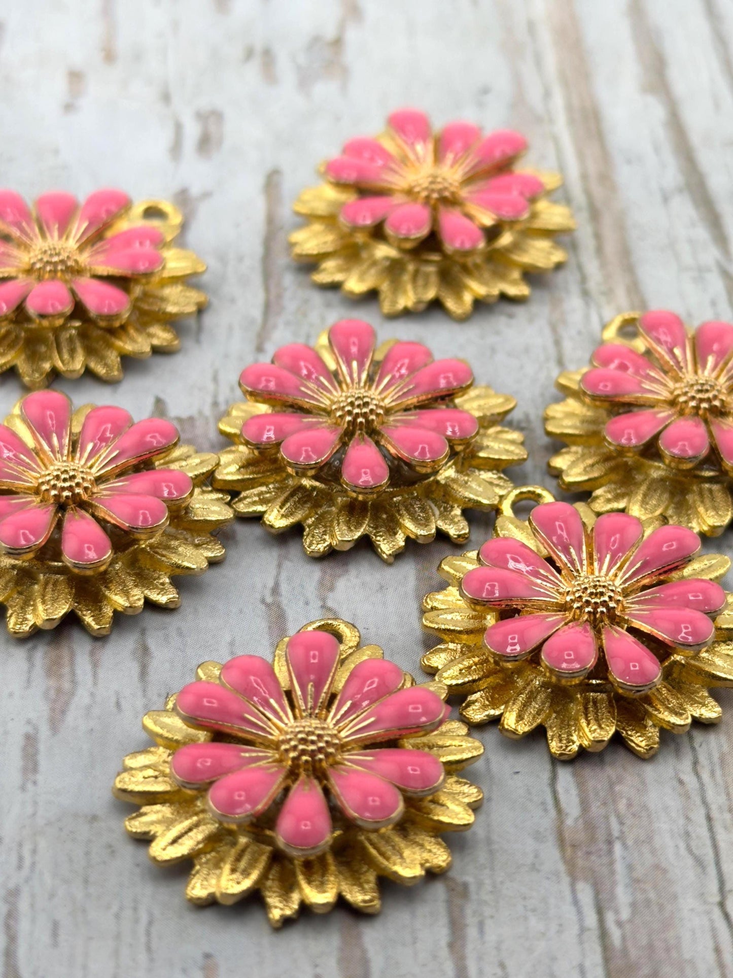 Hot Pink 3D Enamel Large Flower Charm, Satin 18k Gold Plated - ST579