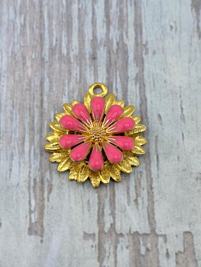 Hot Pink 3D Enamel Large Flower Charm, Satin 18k Gold Plated - ST579