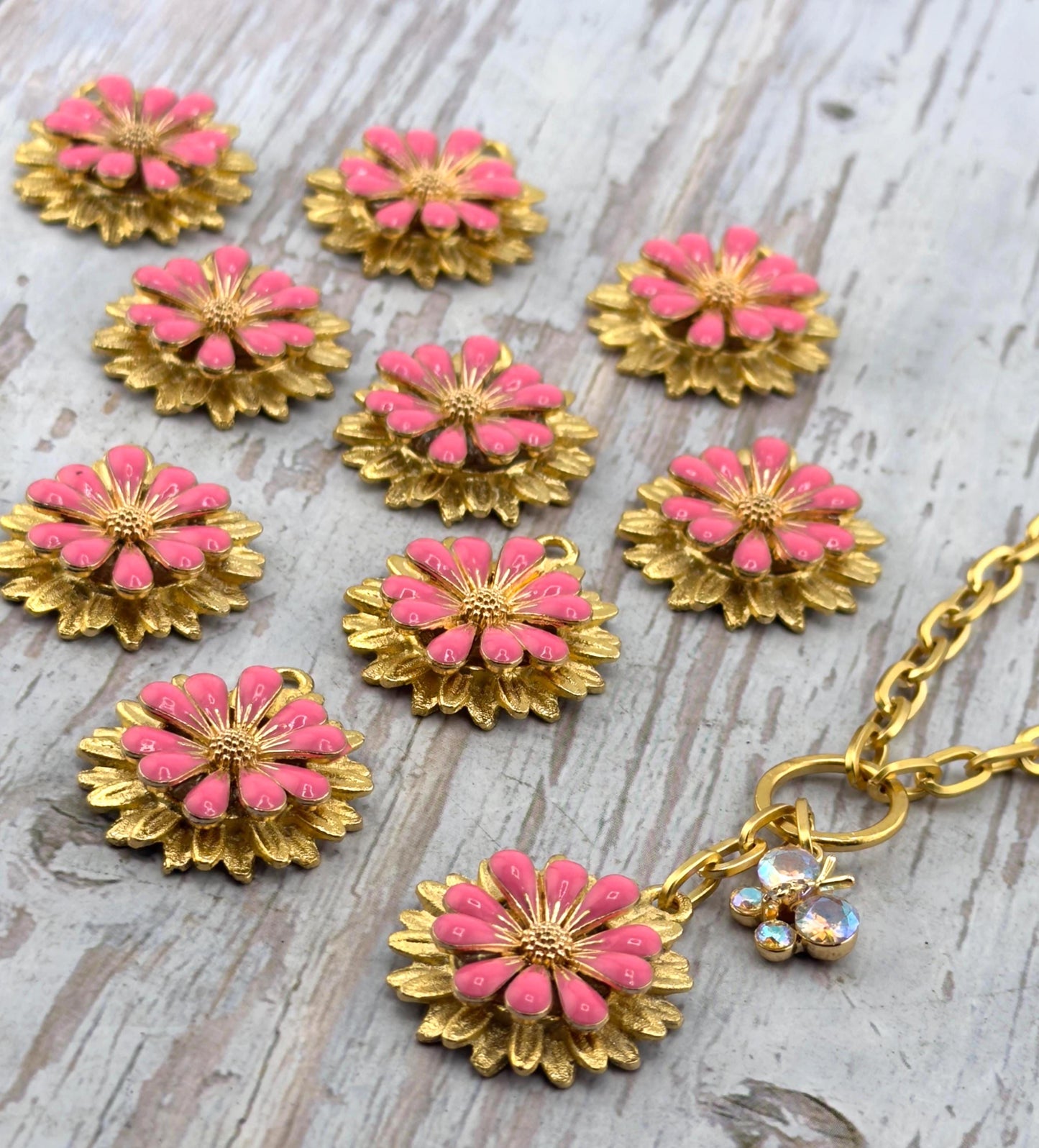 Hot Pink 3D Enamel Large Flower Charm, Satin 18k Gold Plated - ST579