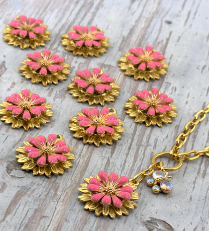 Hot Pink 3D Enamel Large Flower Charm, Satin 18k Gold Plated - ST579