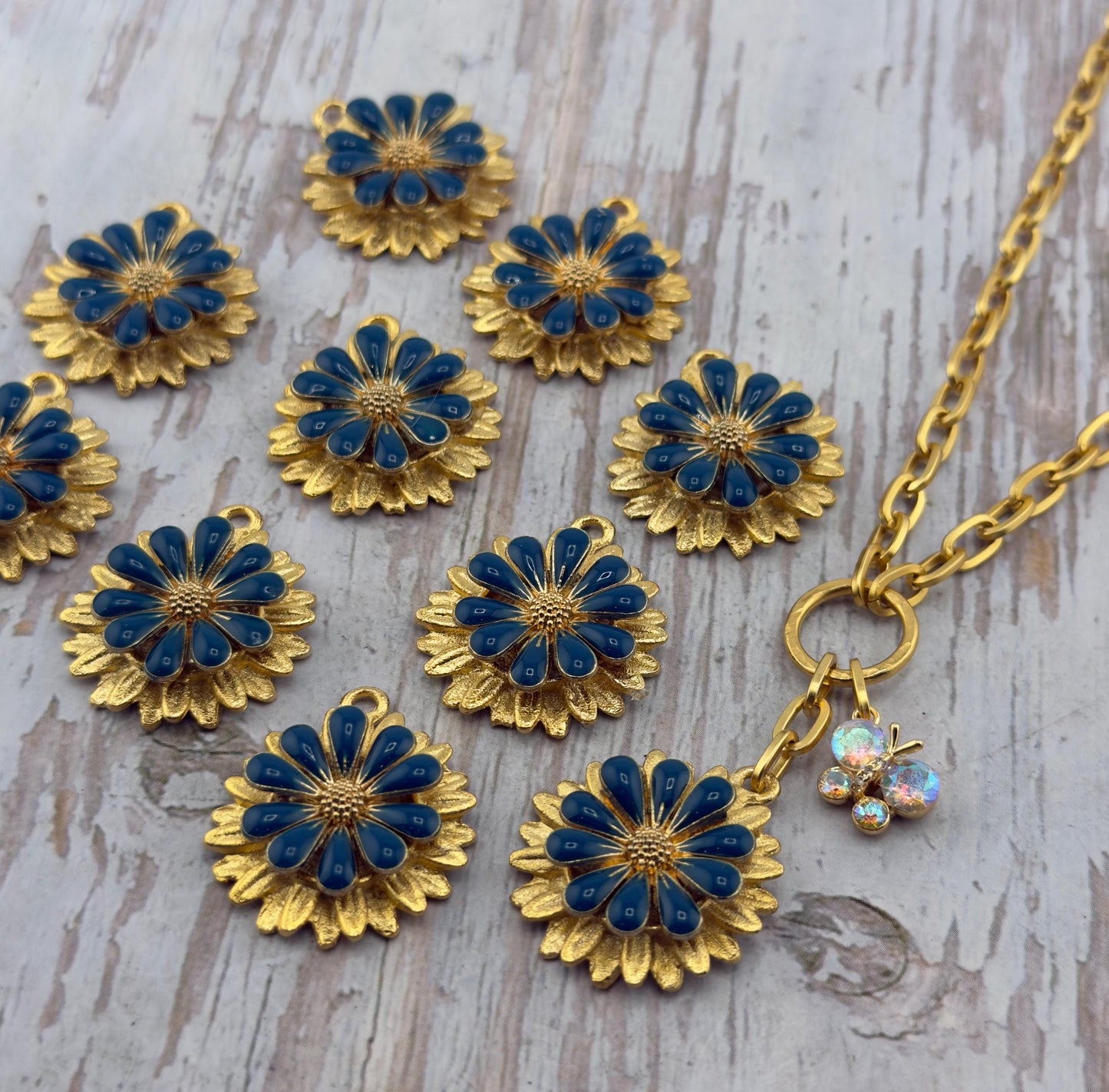 Prussian Blue 3D Enamel Flower Charm, Satin 18k Gold Plated - ST581