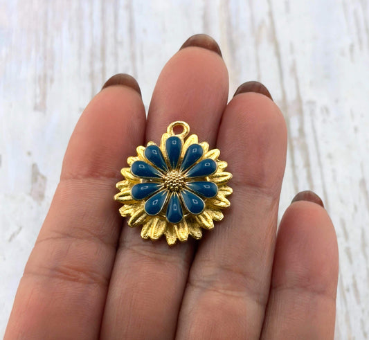 Prussian Blue 3D Enamel Flower Charm, Satin 18k Gold Plated - ST581