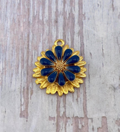 Prussian Blue 3D Enamel Flower Charm, Satin 18k Gold Plated - ST581