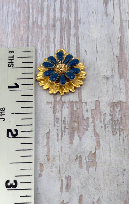 Prussian Blue 3D Enamel Flower Charm, Satin 18k Gold Plated - ST581