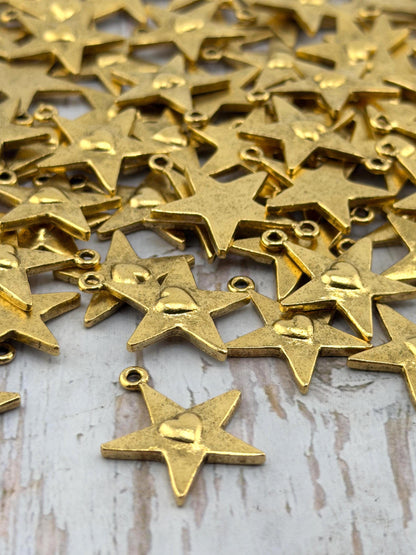 Small Nestled Heart Star Charm, Antiqued 18k Gold Plated - AG010