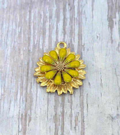 3D Yellow Enamel Flower Charm, Satin 18k Gold Plated Findings - ST582