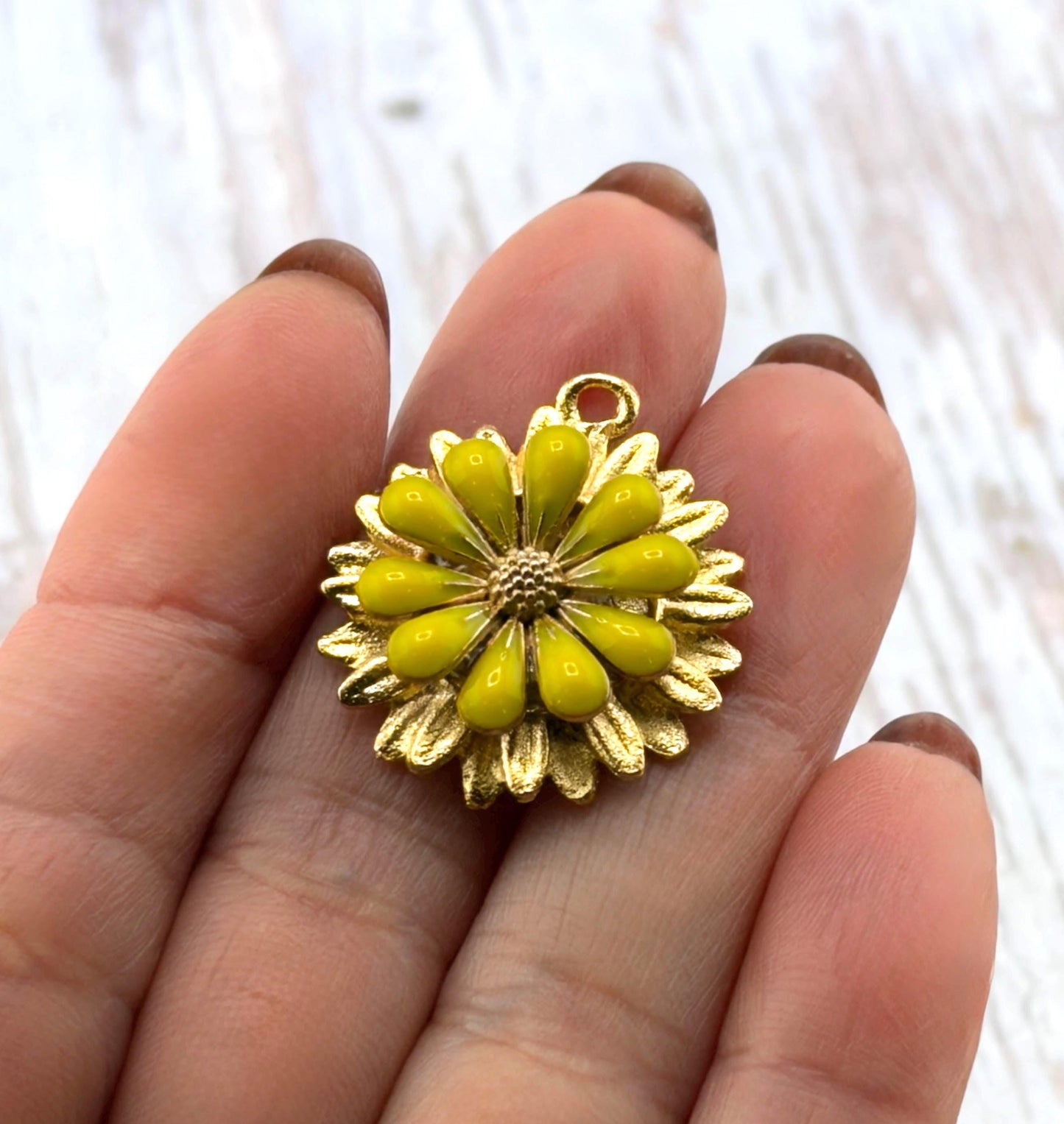 3D Yellow Enamel Flower Charm, Satin 18k Gold Plated Findings - ST582