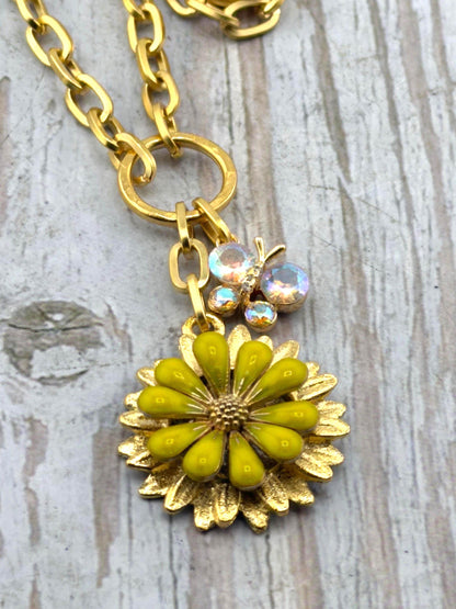 3D Yellow Enamel Flower Charm, Satin 18k Gold Plated Findings - ST582