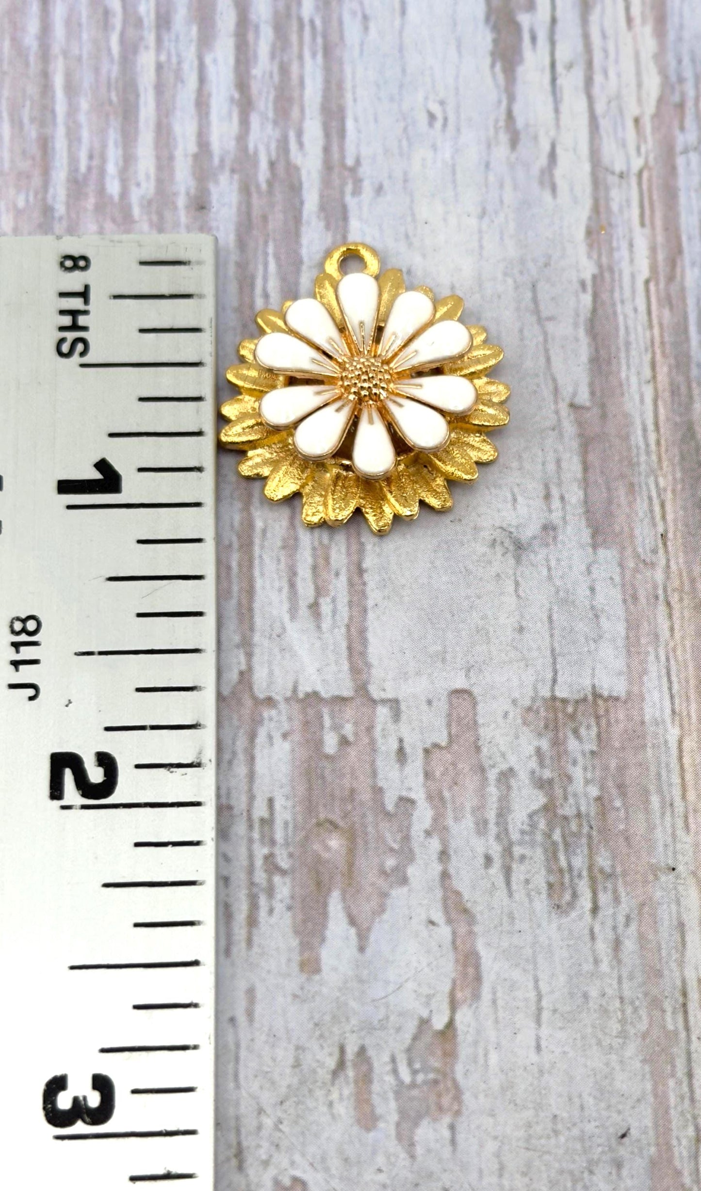 White Enamel Flower Charm, Satin Gold Plated - ST577
