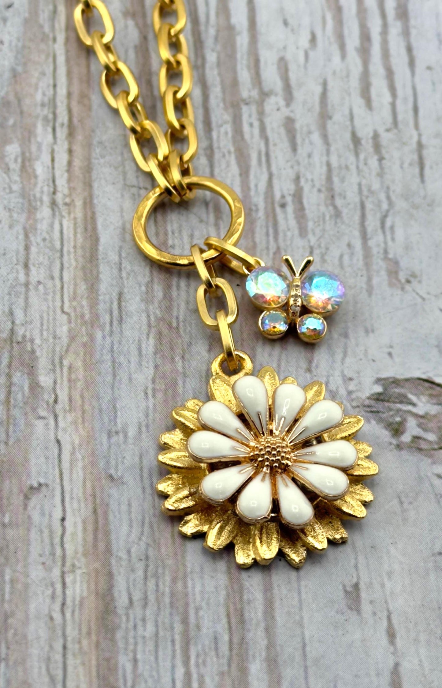 White Enamel Flower Charm, Satin Gold Plated - ST577