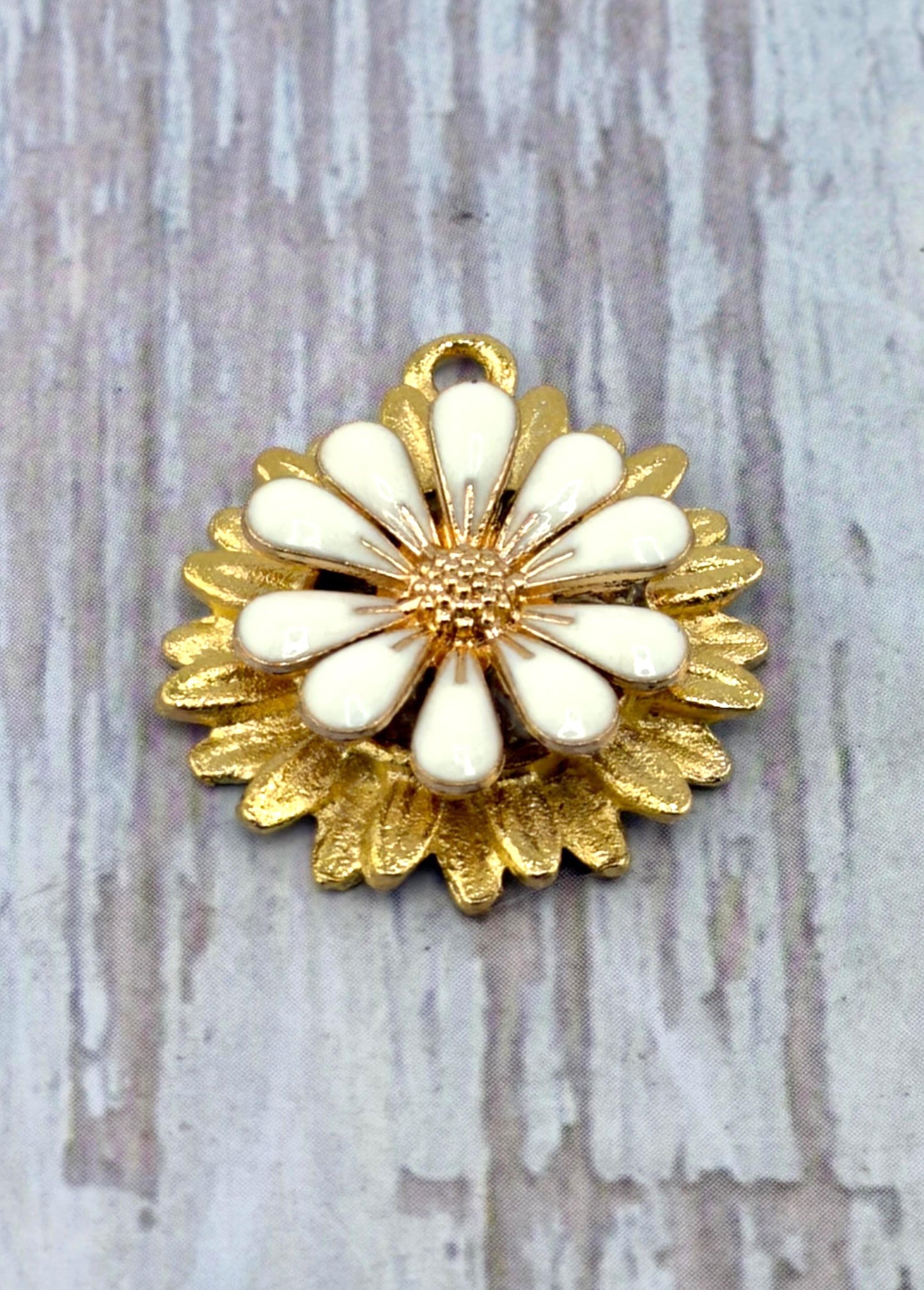 White Enamel Flower Charm, Satin Gold Plated - ST577
