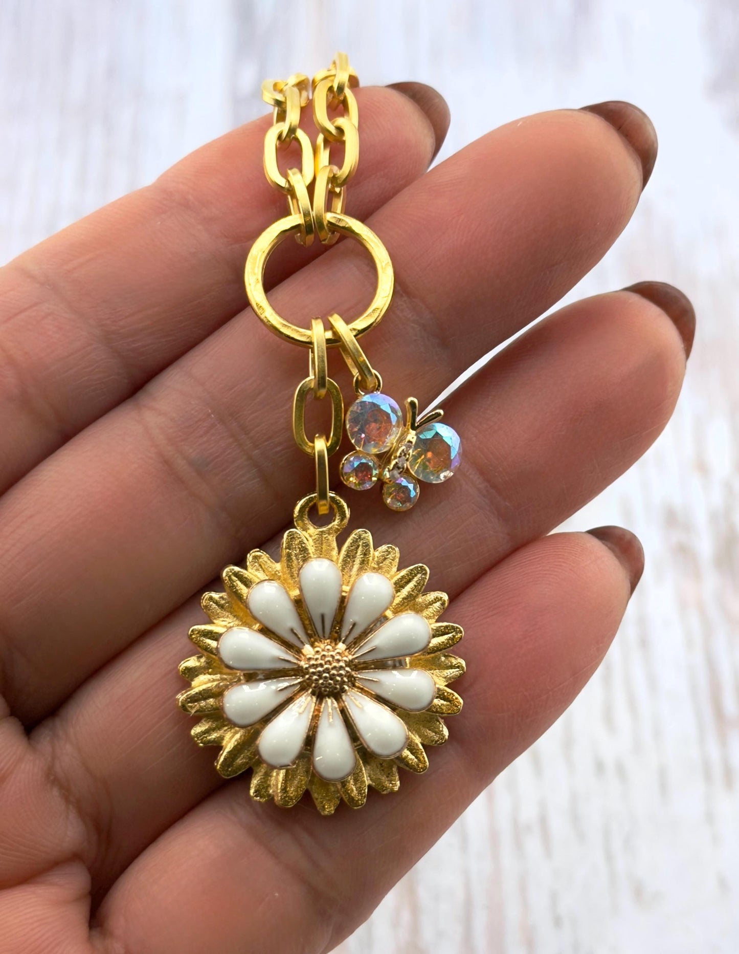 White Enamel Flower Charm, Satin Gold Plated - ST577