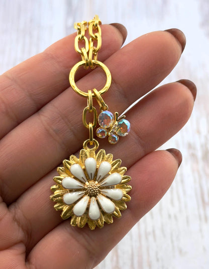 White Enamel Flower Charm, Satin Gold Plated - ST577