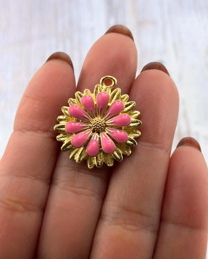 Hot Pink 3D Enamel Large Flower Charm, Satin 18k Gold Plated - ST579