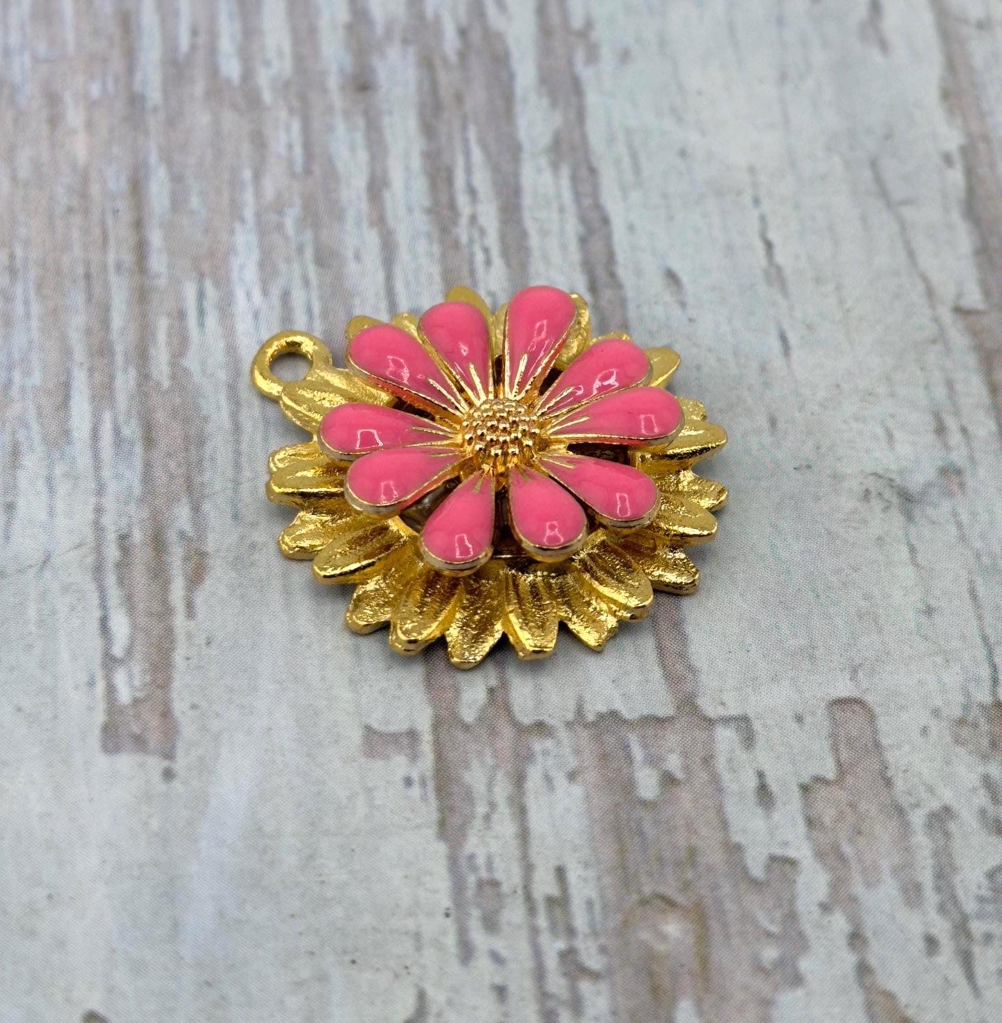 Hot Pink 3D Enamel Large Flower Charm, Satin 18k Gold Plated - ST579