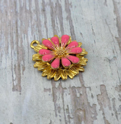Hot Pink 3D Enamel Large Flower Charm, Satin 18k Gold Plated - ST579
