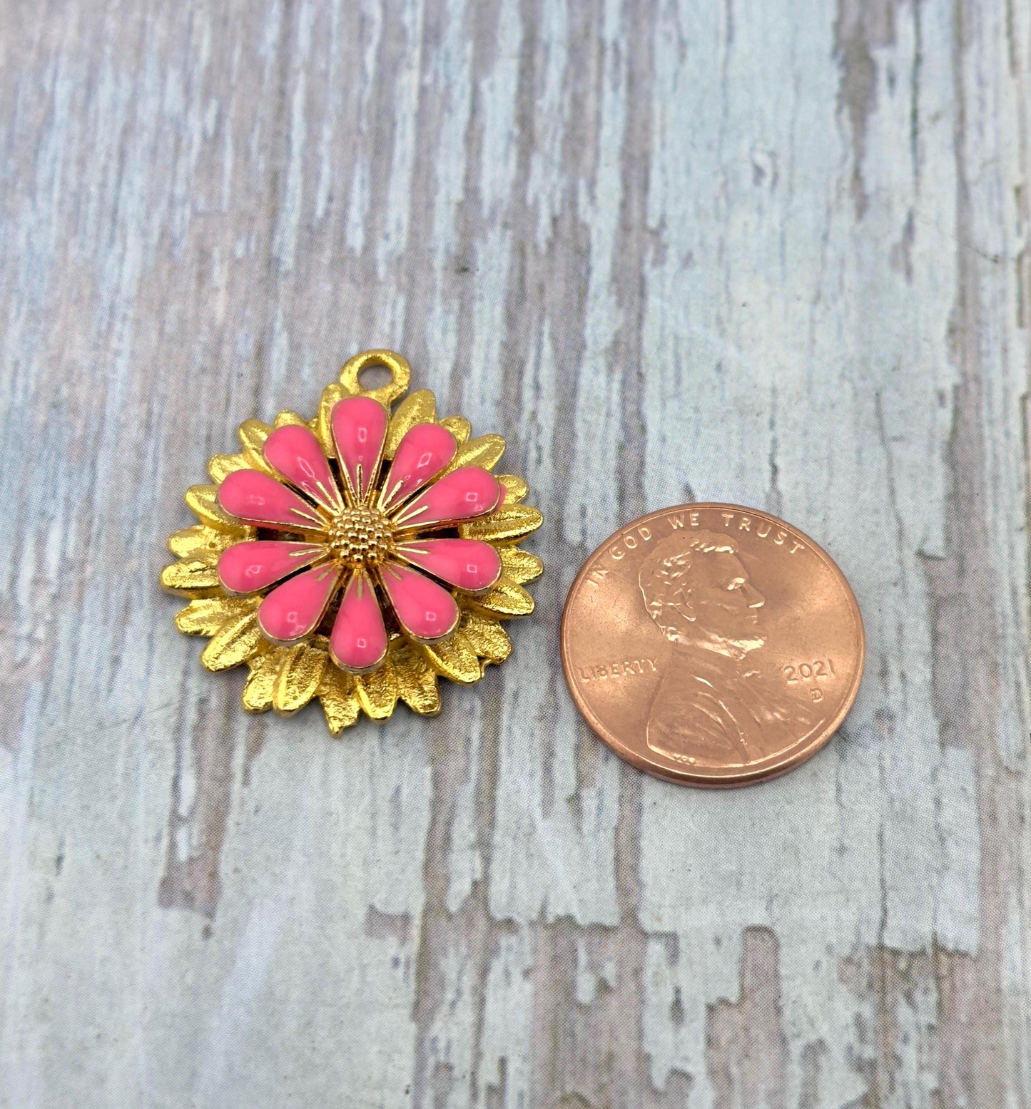 Hot Pink 3D Enamel Large Flower Charm, Satin 18k Gold Plated - ST579