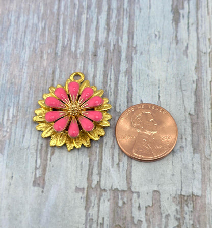 Hot Pink 3D Enamel Large Flower Charm, Satin 18k Gold Plated - ST579