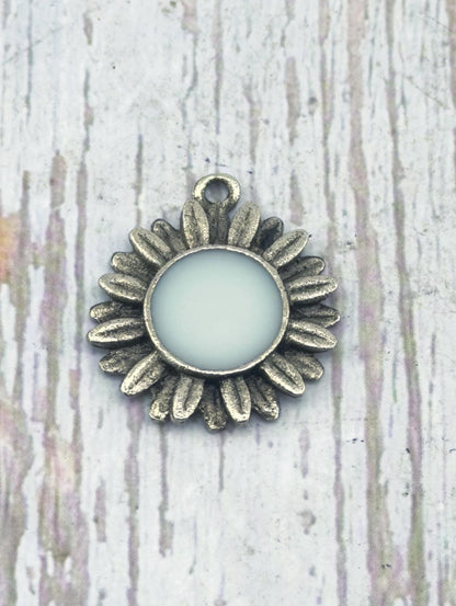 Large White Artisan Flower Charm, Antiqued Pewter - PT649