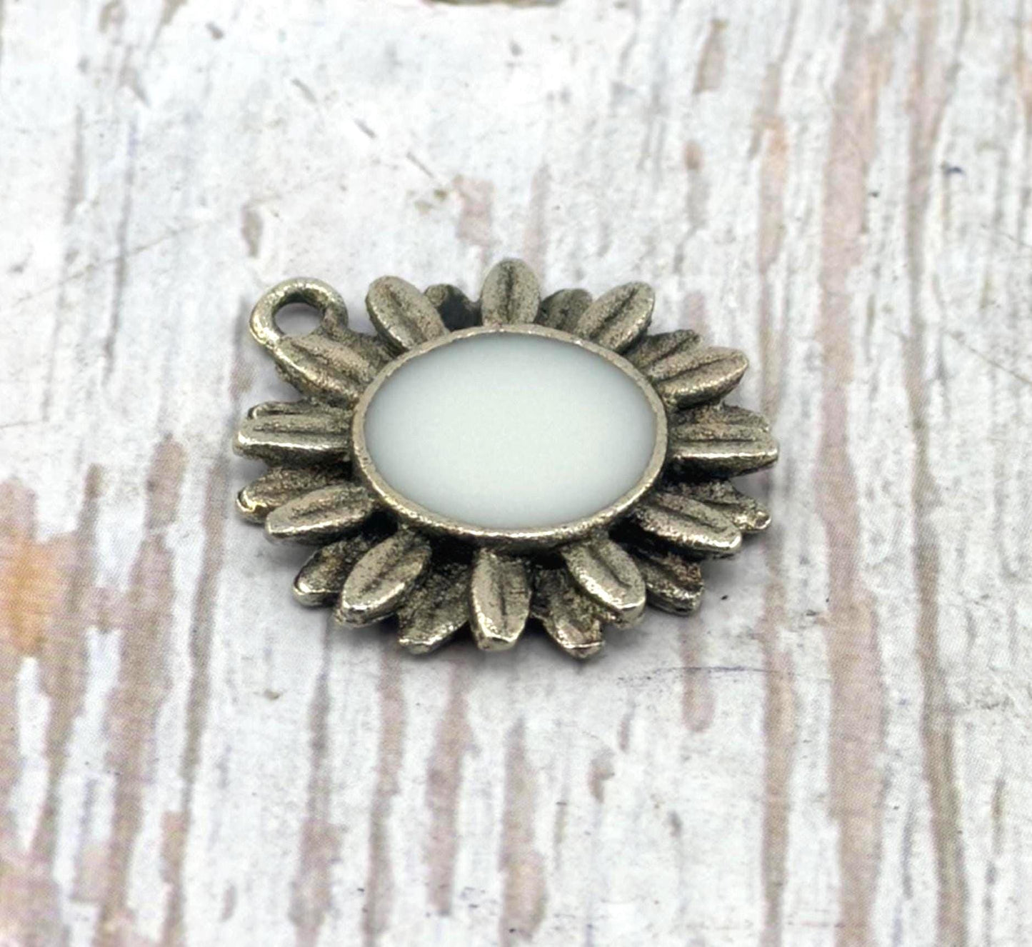 Large White Artisan Flower Charm, Antiqued Pewter - PT649